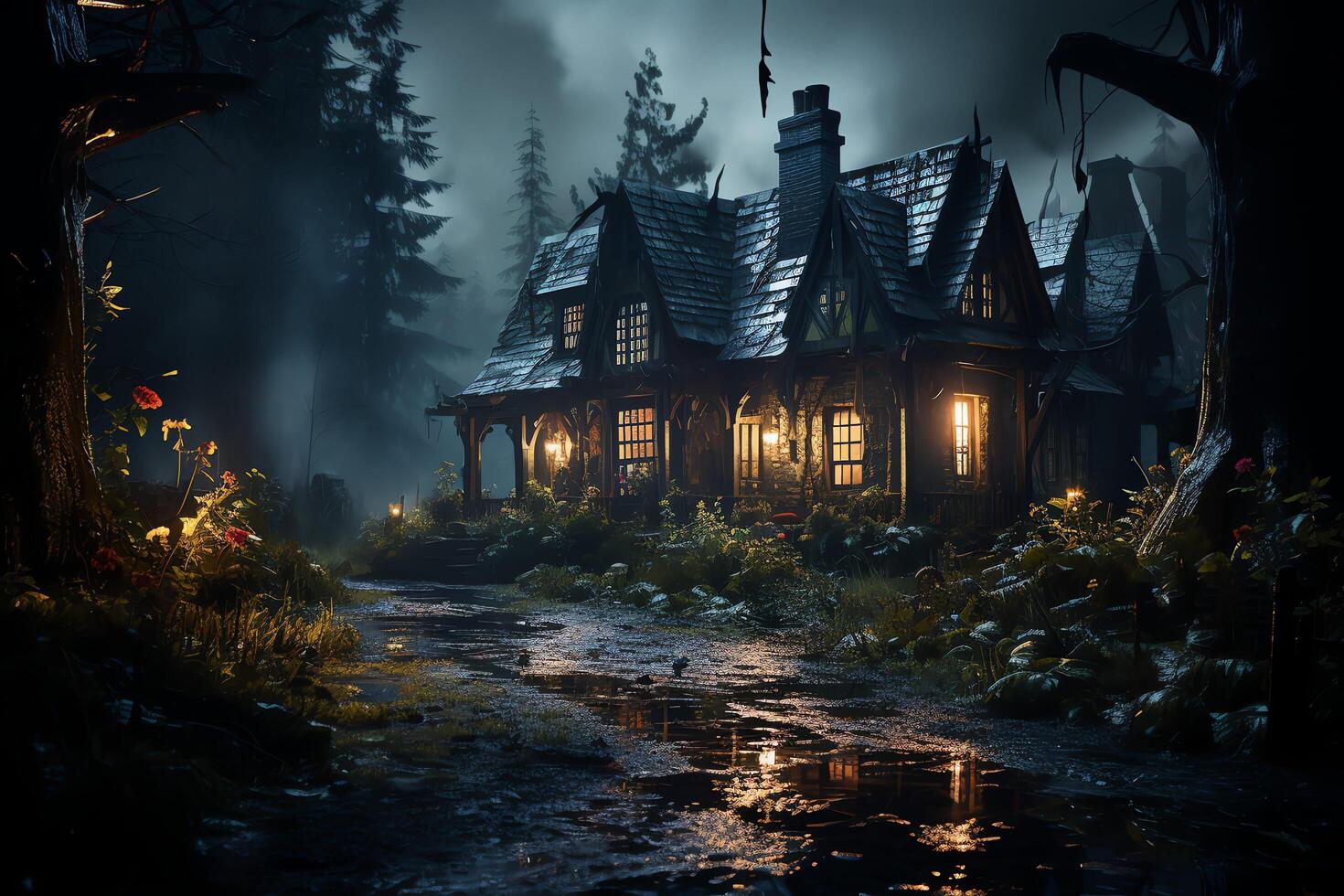 Haunted house on halloween celebration concept. Spooky house halloween background with deserted building and pumpkin. Scary house with creepy building at night by AI generated photo