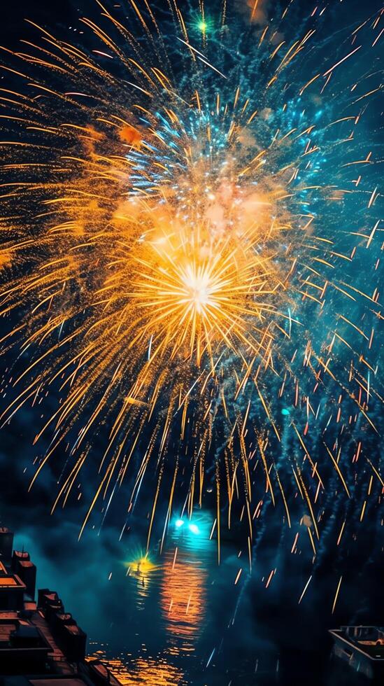 Beautiful firework show with cityscape at night for celebration happy new year. Firework display concept by photo