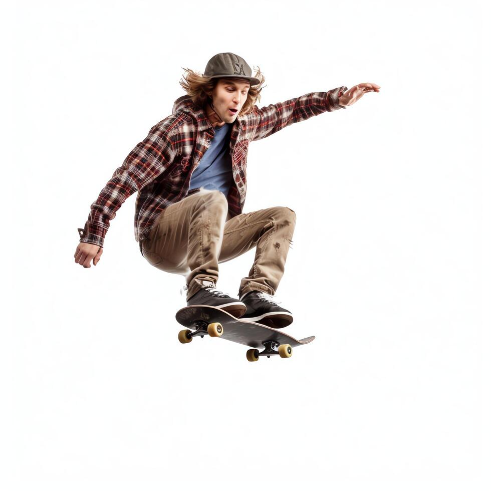 A caucasian man doing tricks or jumping on a skateboard at the street. Young man with skater jumping concept by photo