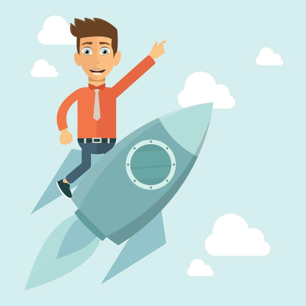 Business start up. Businessman riding rocket metaphor. Flat vector illustration