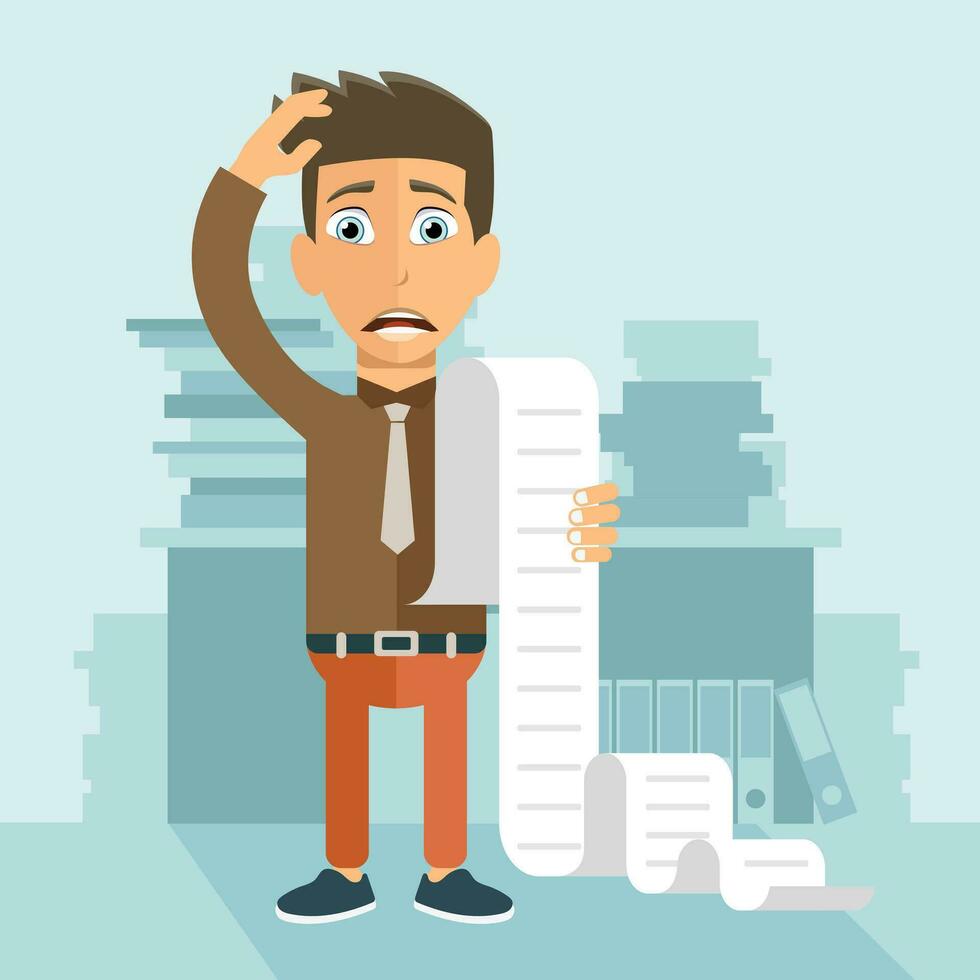 Paying bills and taxes concept. Man worried about his bills. Flat vector illustration