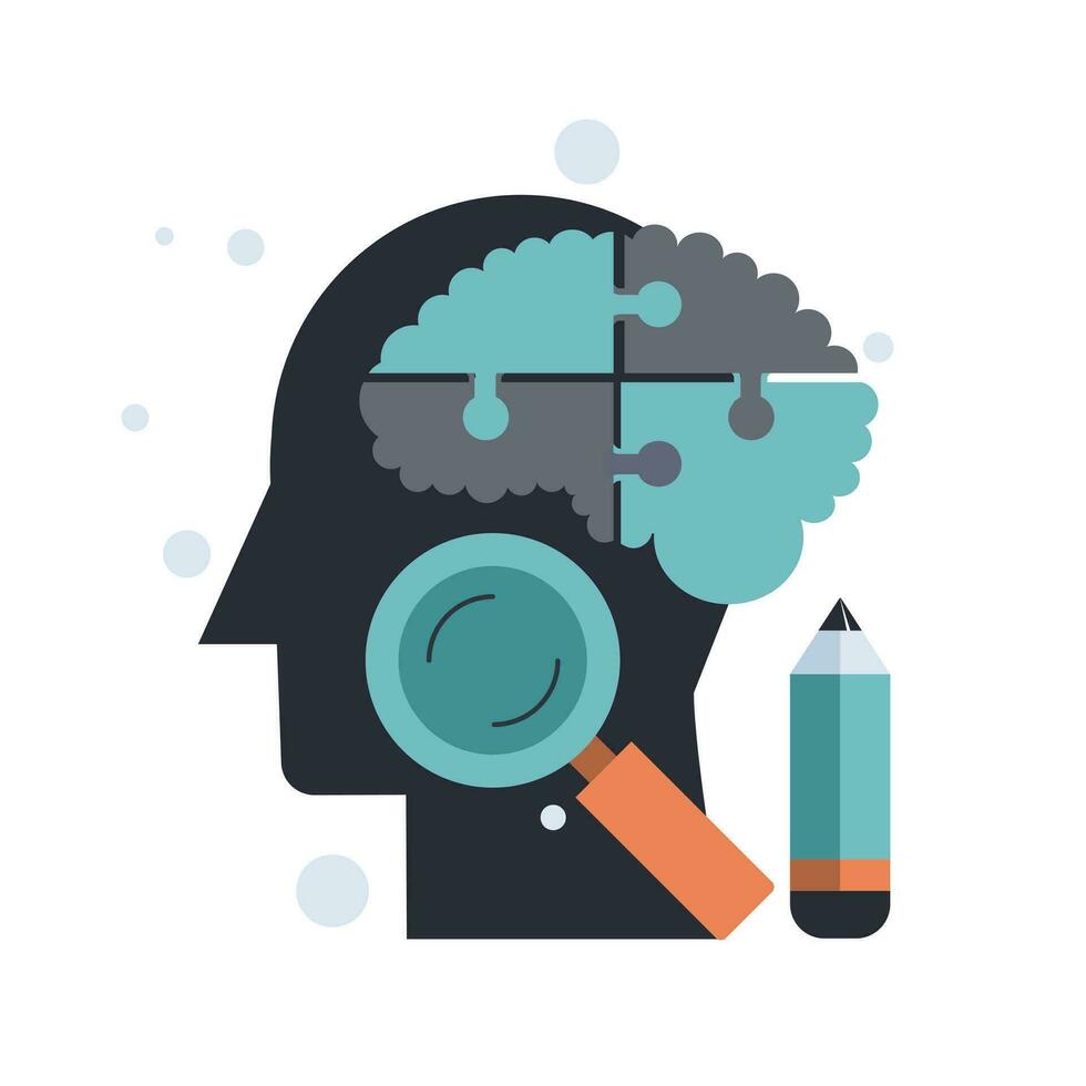 Consulting concept. Human head symbol with brain puzzle symbol and magnifying glass. Flat vector illustration