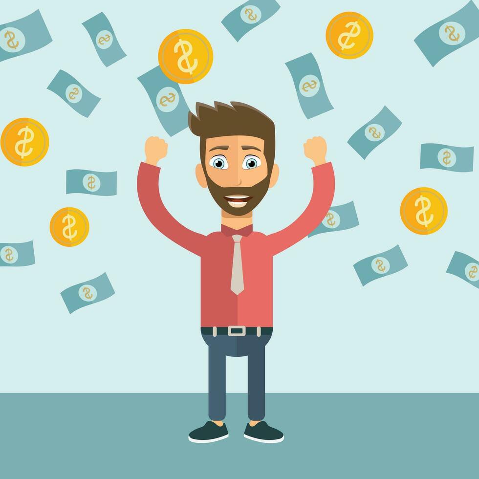 Young happy businessman with a lot of money. Business and financial success concept. Flat vector illustration