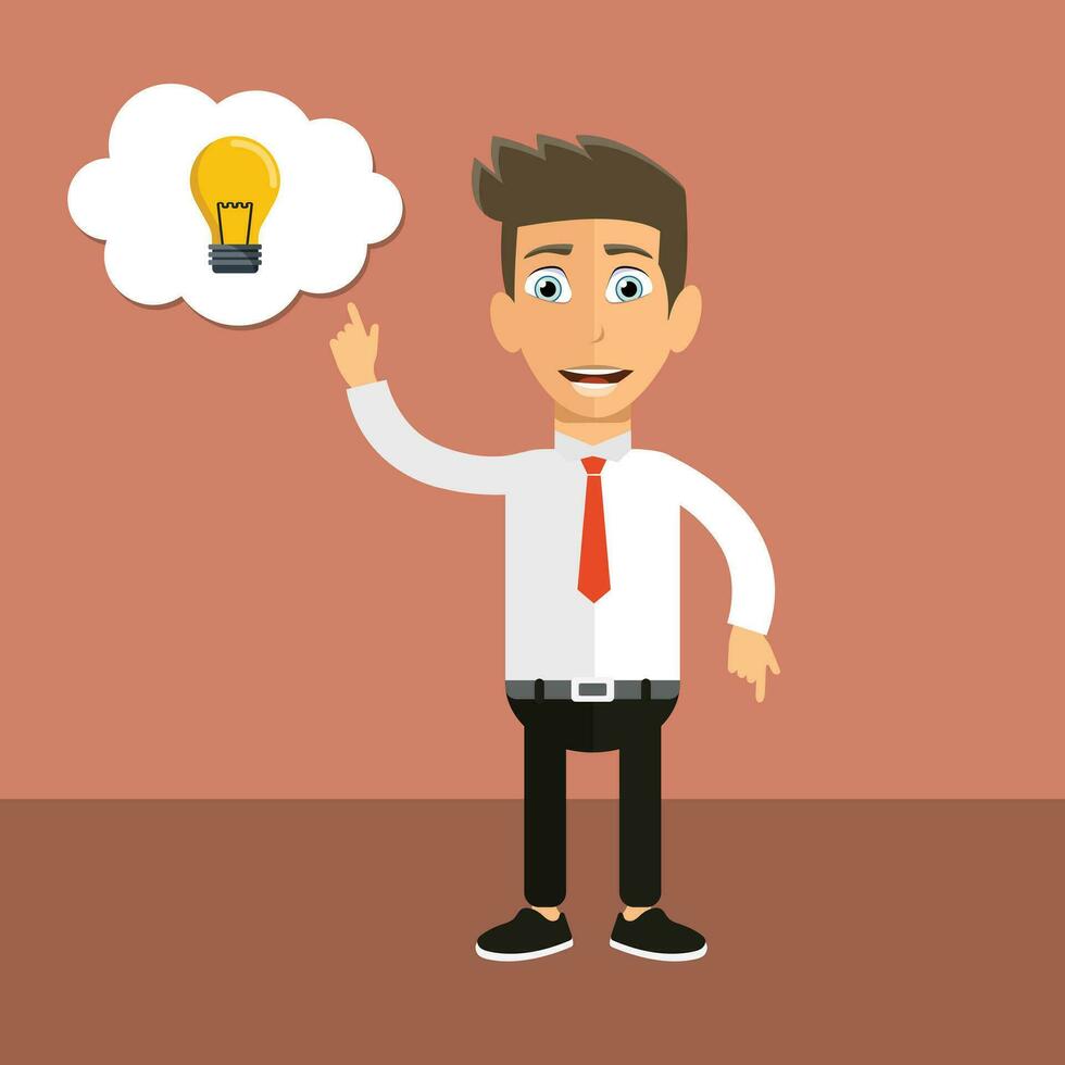 Businessman with beard pointing to bulb. Flat vector illustration