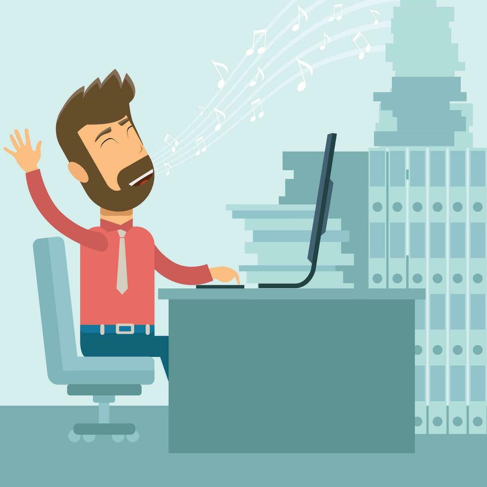 Happy businessman singing in office. Happy and successful businessman in office working and singing. Flat vector illustration