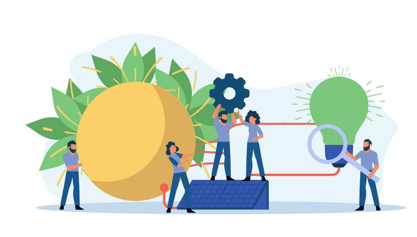 Eco energy vector alternative ecology illustration clean environment. Power solar renewable nature panel with people. Electric Earth sun business technology global world. Banner recycle generator