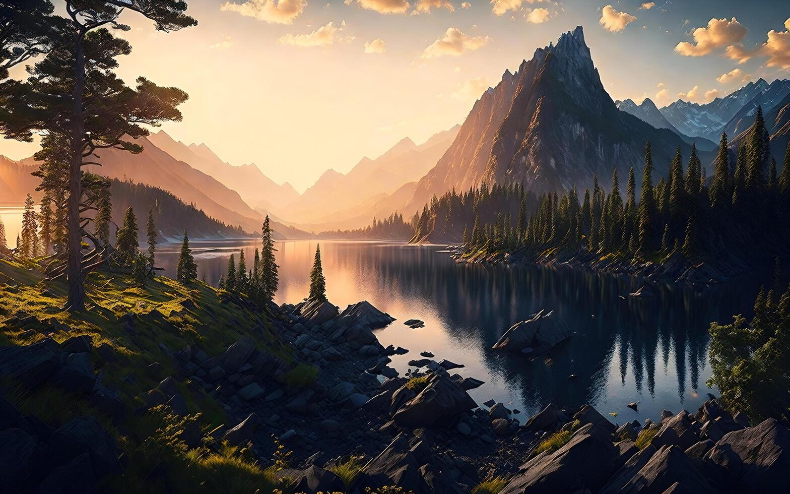 Stunning landscape river golden hour falls and mountains. photo
