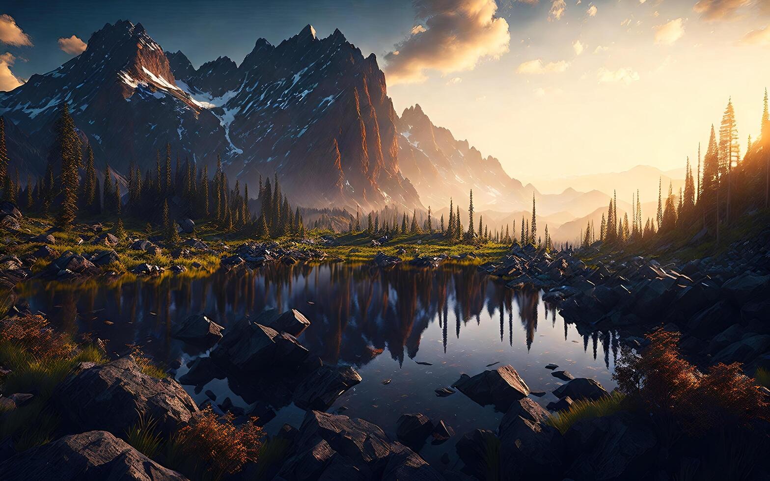 Stunning landscape river golden hour falls and mountains. photo