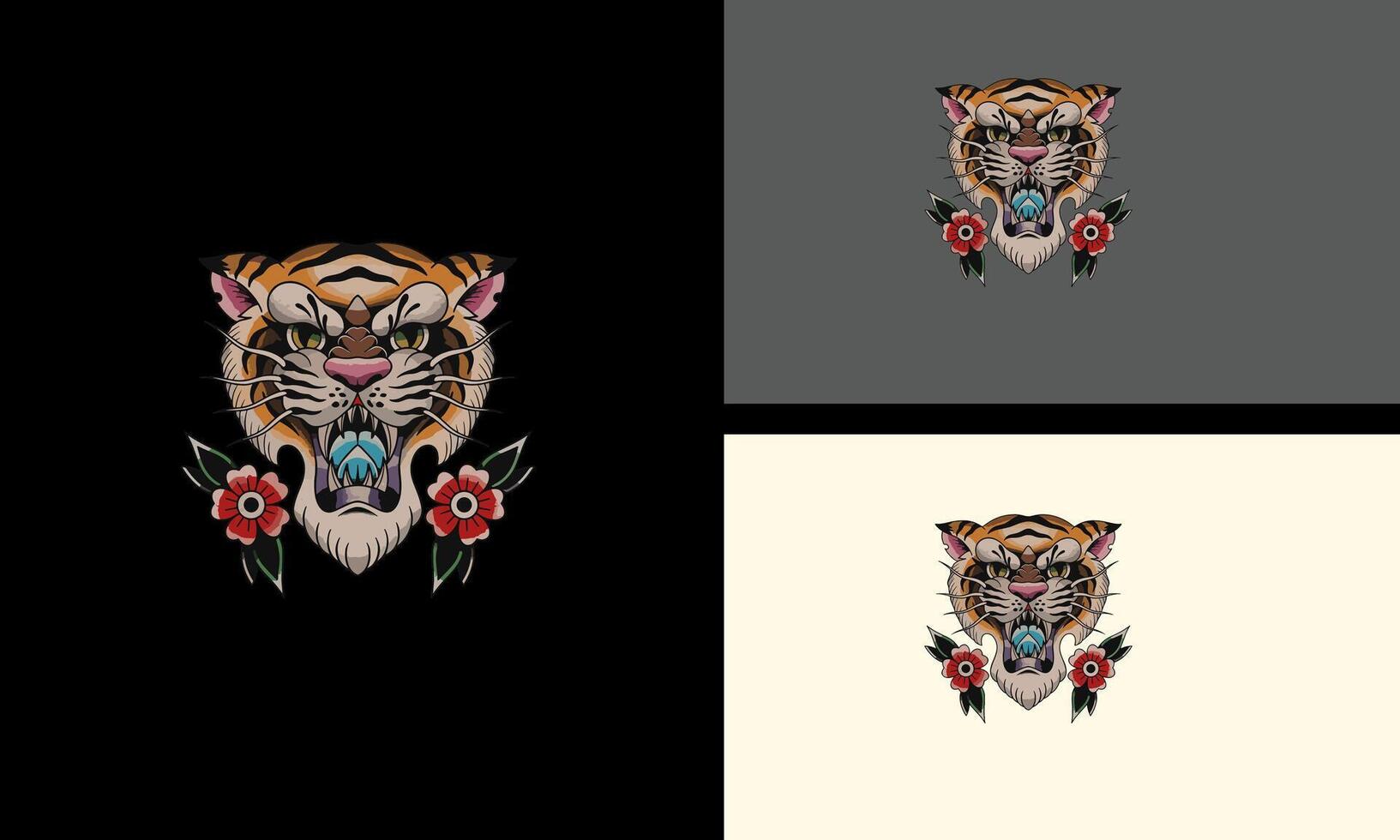 head tiger and flowers vector mascot design