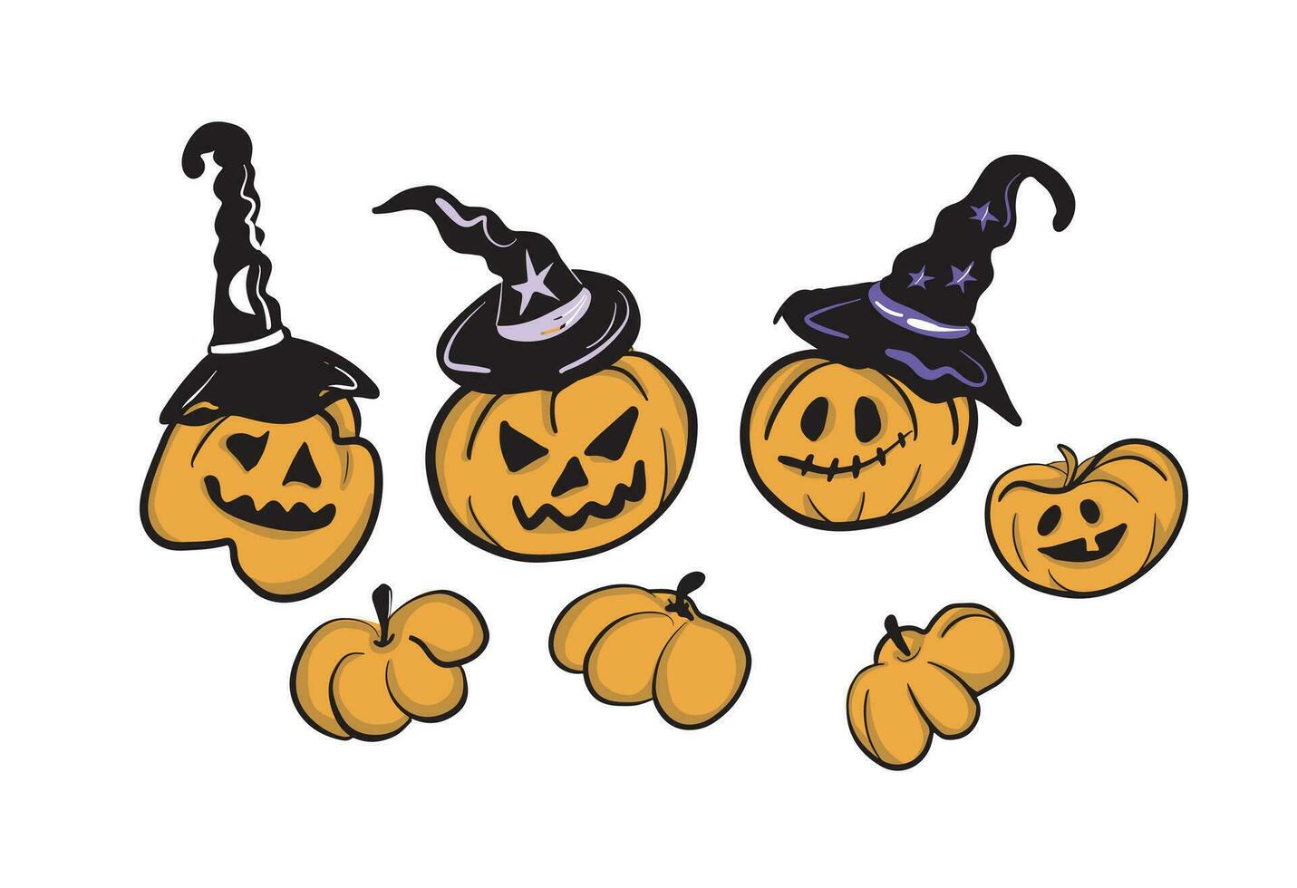 Funny pumpkins in witch hats for Halloween cartoon.Hand drawn illustration. vector