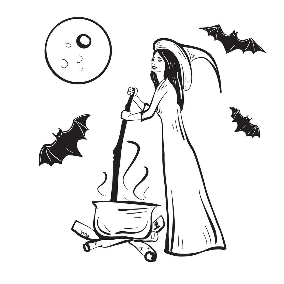 Witch in a hat is coocking a potion in a cauldron. Halloween. Vector illustration.