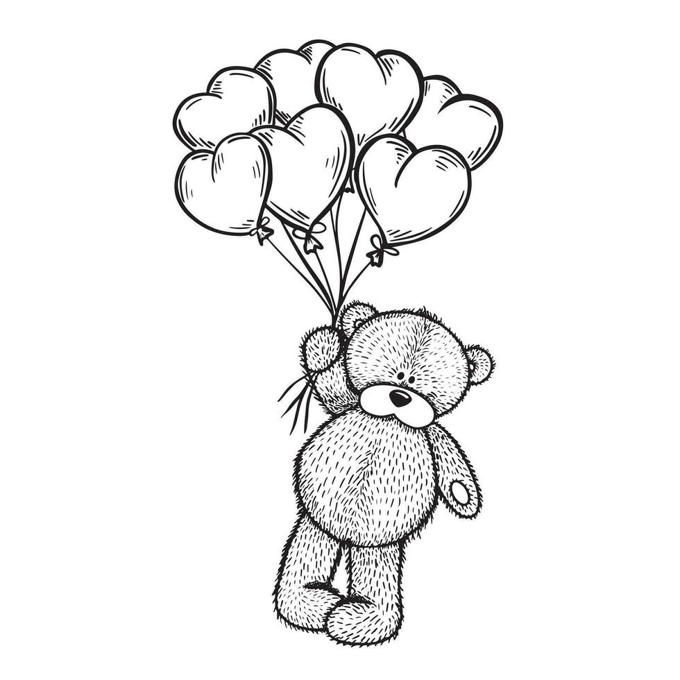 Teddy bear holding balloons in its paws. Children's toy as a gift. Hand drawn in graphic style vector