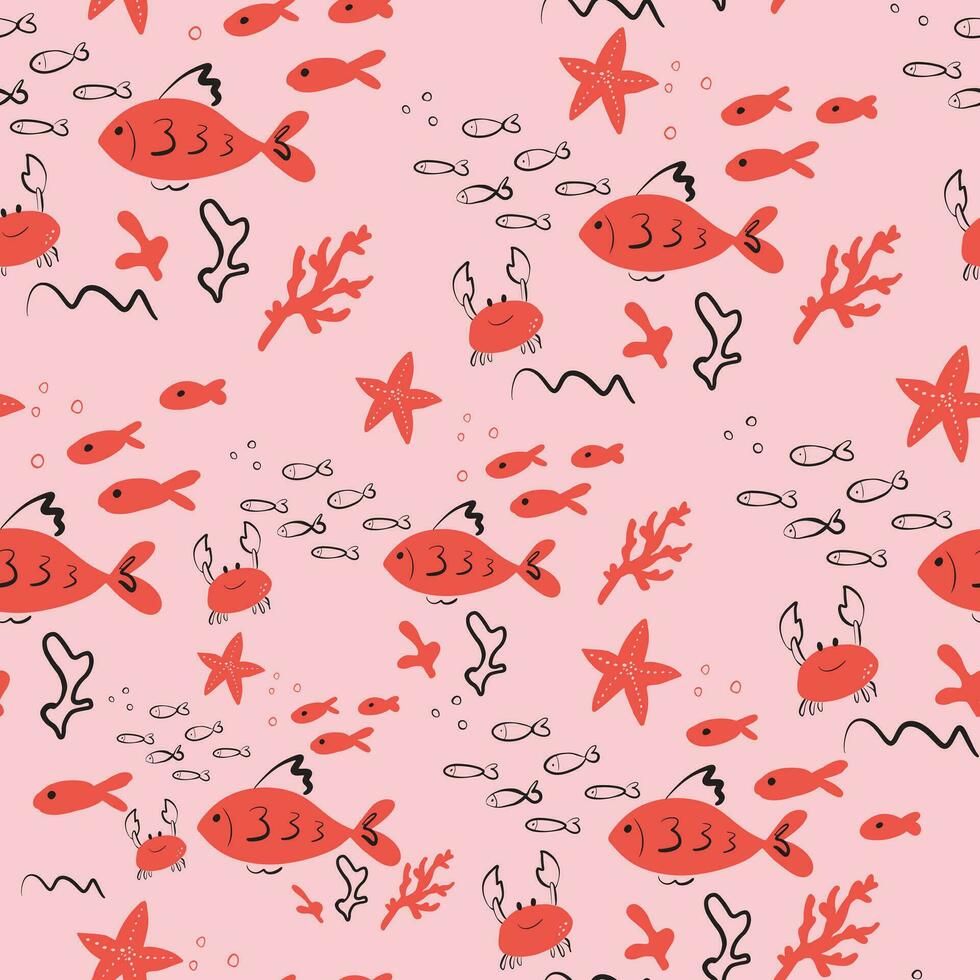 Red fish and crab on pink background seamless pattern.Vector illustration. vector