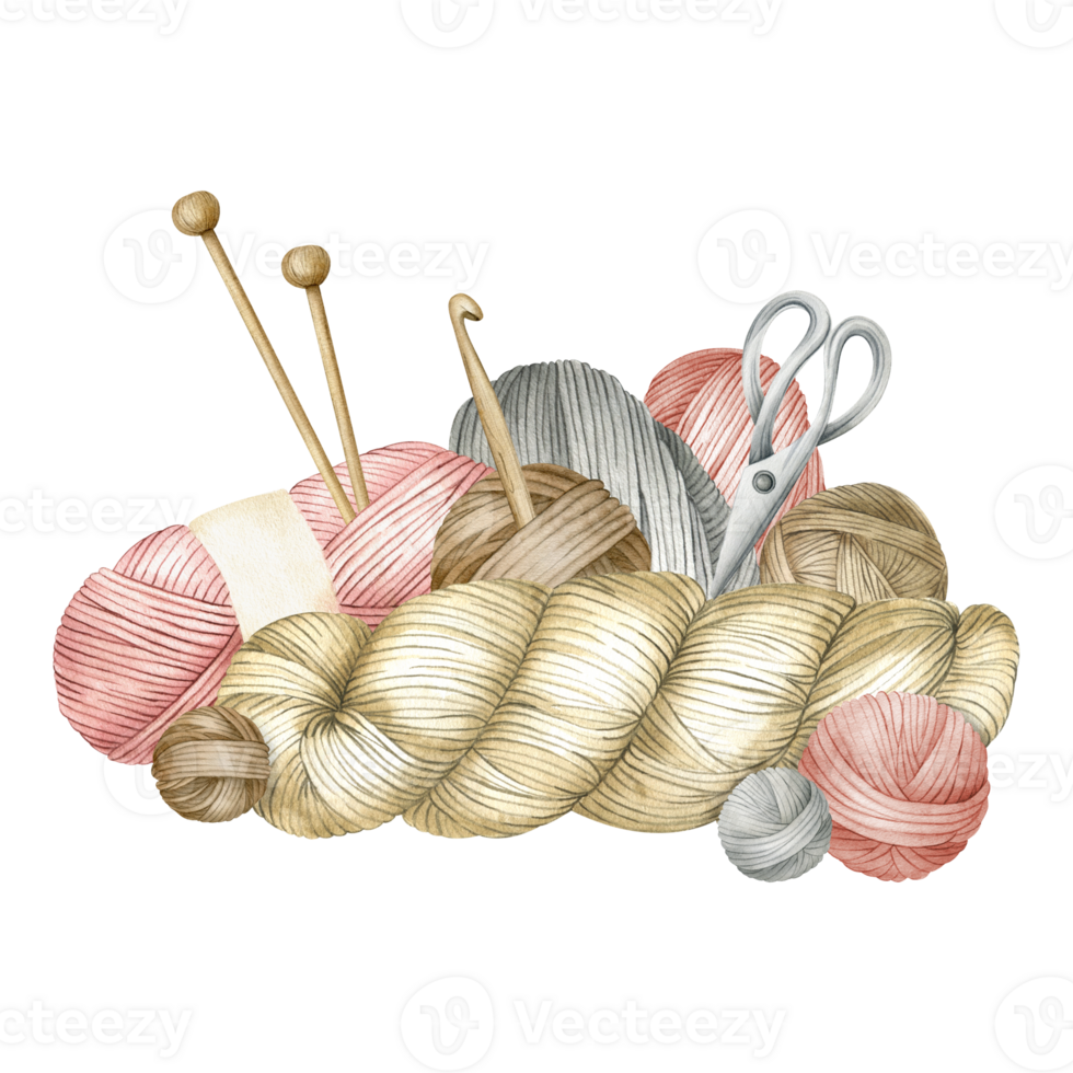 Wooden knitting needles, hook, balls of wool, skeins of yarn, scissors. Watercolor illustration. Isolated.For product packaging design, knitter blog, needlework store png