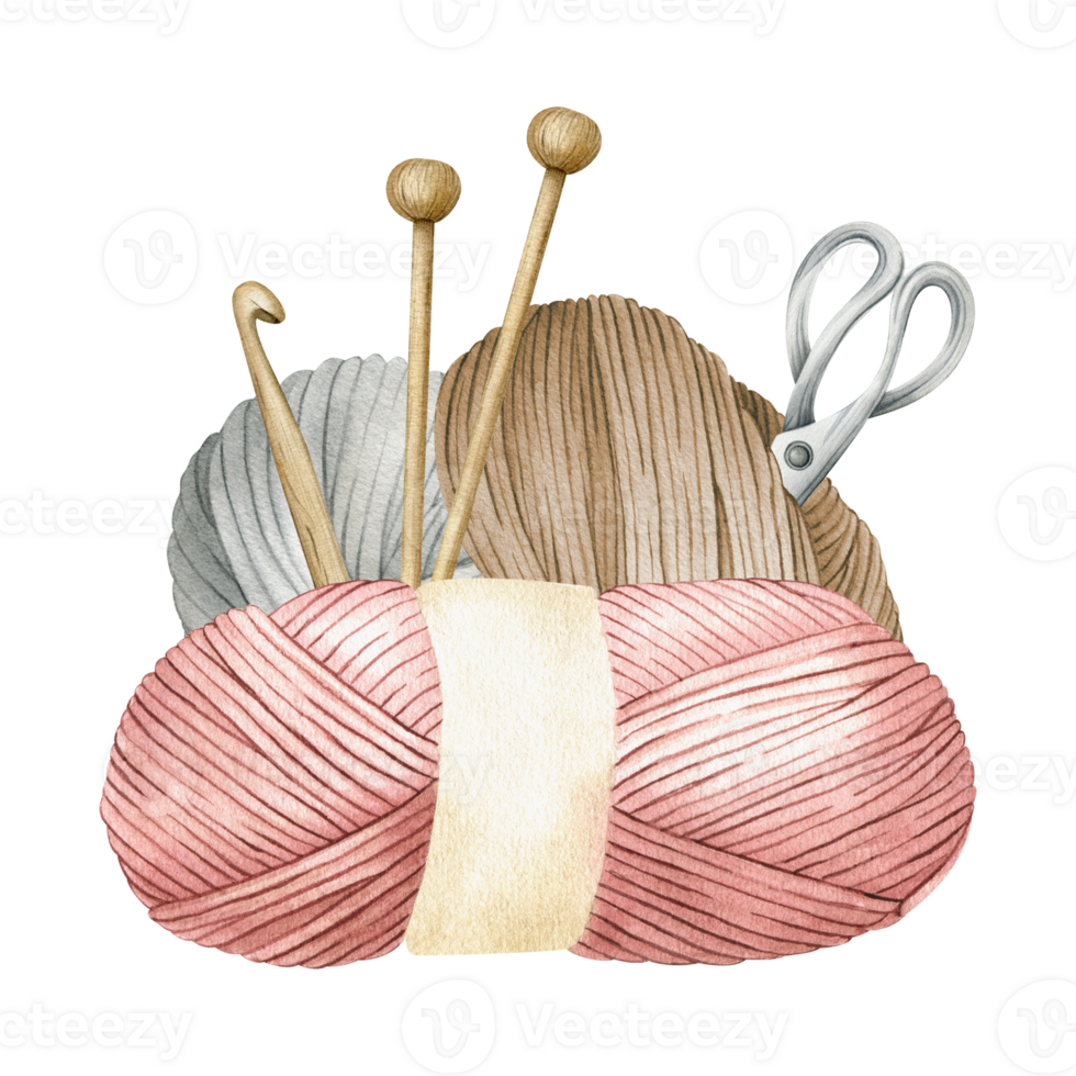 Yarn balls, knitting needles, scissors and hook . Wooden knitting needles, balls of wool, skeins of yarn.Watercolor illustration. Isolated.For product packaging design, knitter blog,needlework store png