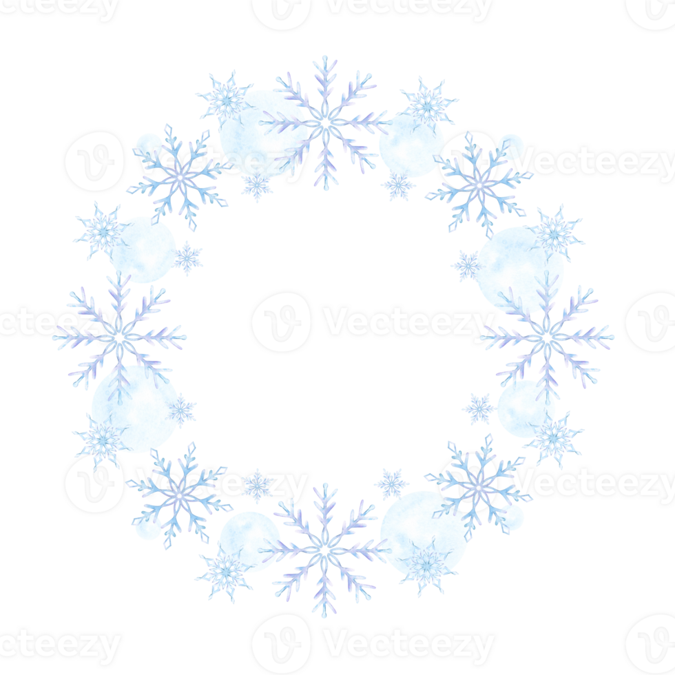 Snowflakes. Watercolor frame. Decorative winter background with hand drawn snowflakes, snow, stars. Snowflake framework. Isolated. For postcards, invitations, cards png