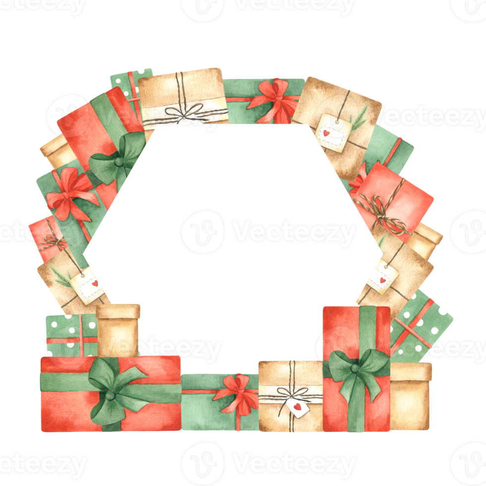 Colorful gift boxes. A frame with space for text. Watercolor illustration. Isolated. For postcards, invitations to the holiday. png