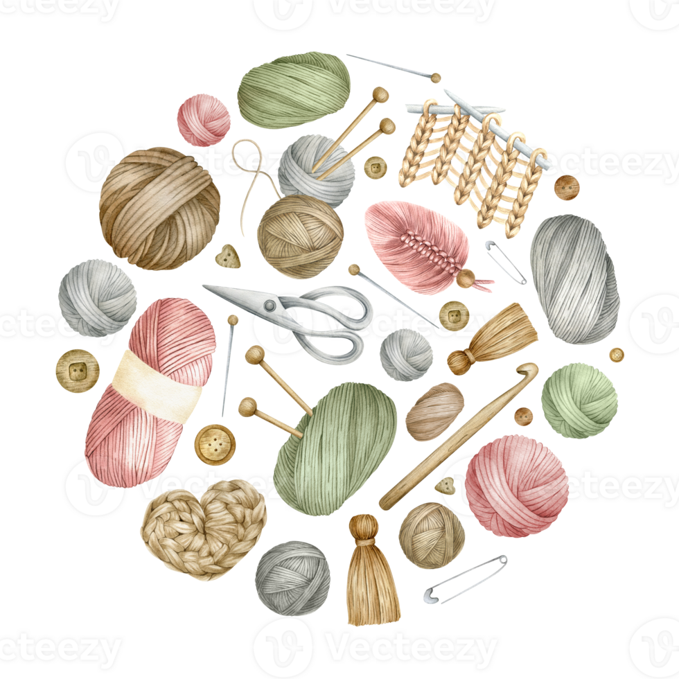 fio bolas, de madeira tricô agulhas, gancho, bolas do lã, novelos do fio, algodão, tesoura, botões, alfinetes, agulhas. aguarela volta composição.para produtos embalagem projeto, tecelão blog, bordado loja png