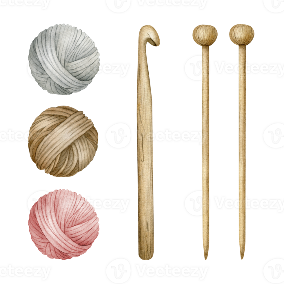 Set of yarn balls, balls of wool, skeins of yarn and wooden knitting needles, hook. Watercolor illustrations. Isolated. For product packaging design, knitter blog,needlework store png