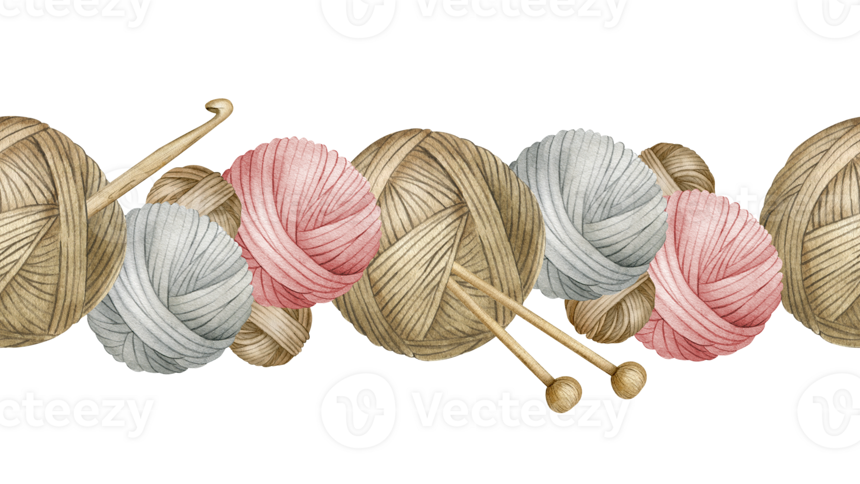 Yarn balls, balls of wool, skeins of yarn, wooden knitting needles, hooks. Watercolor seamless border. For product packaging design, knitter blog,needlework store png