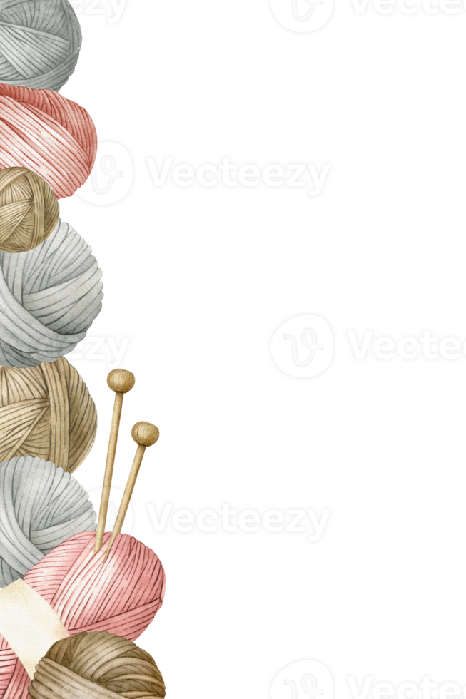 filato palle e maglieria aghi. di legno maglieria aghi, palle di lana vergine, matasse di filato.acquerello telaio. posto per testo.isolato.per Prodotto confezione disegno, magliaia blog, ricamo memorizzare png