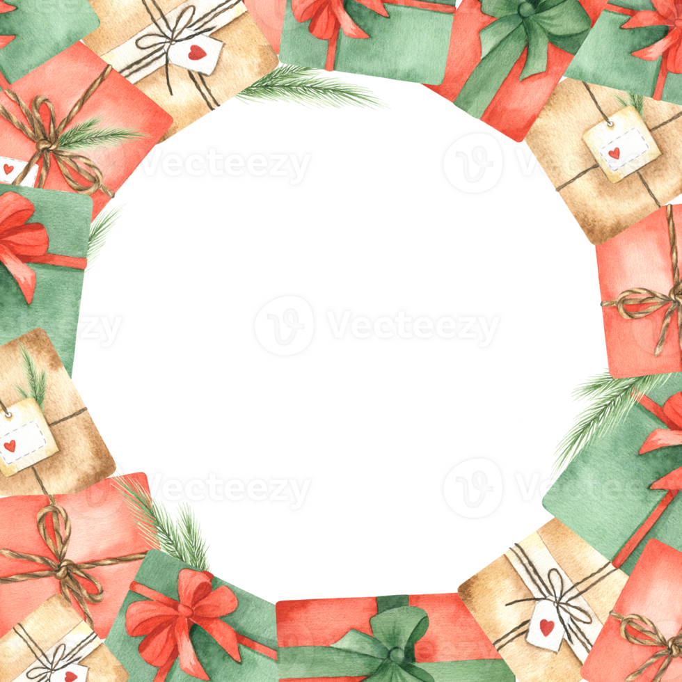 Colorful gift boxes. A frame with space for text. A wreath of gifts. Watercolor illustration. Isolated. For postcards, invitations to the holiday. png