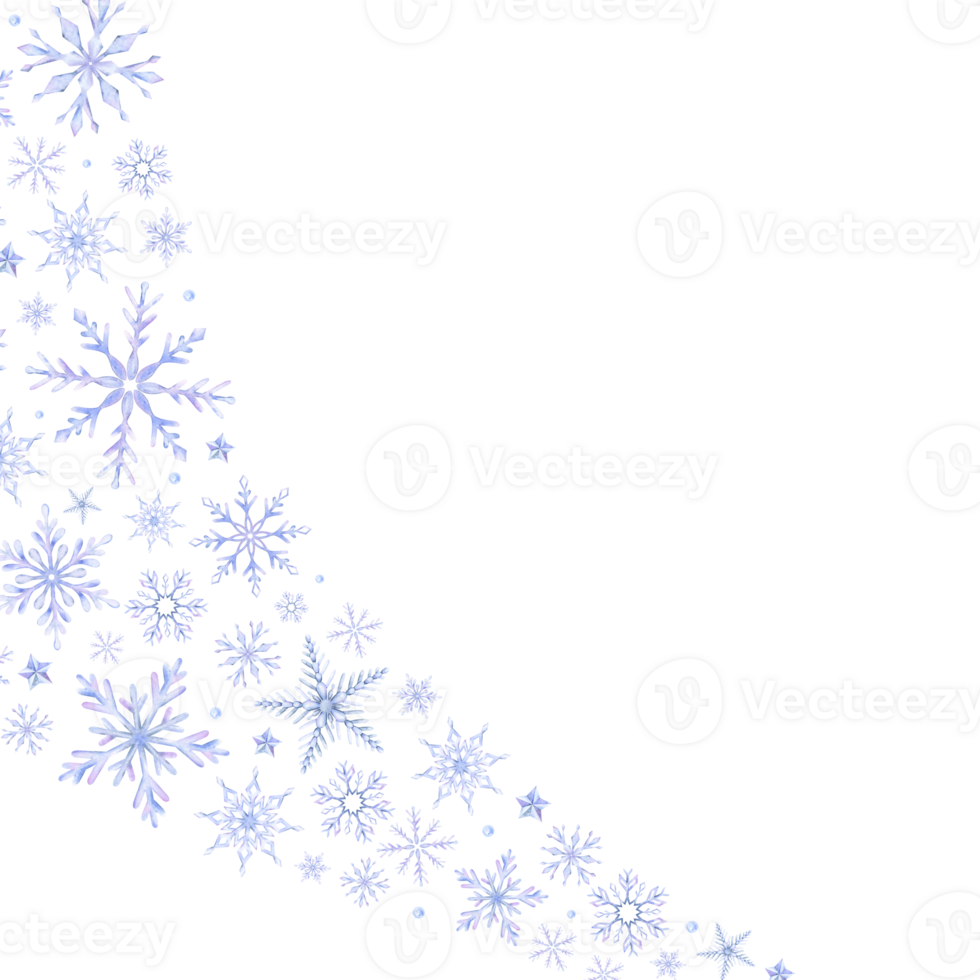 Snowflakes. Watercolor frame. Decorative winter background with hand drawn snowflakes, snow, stars. Snowflake framework. Isolated. For postcards, invitations, cards png