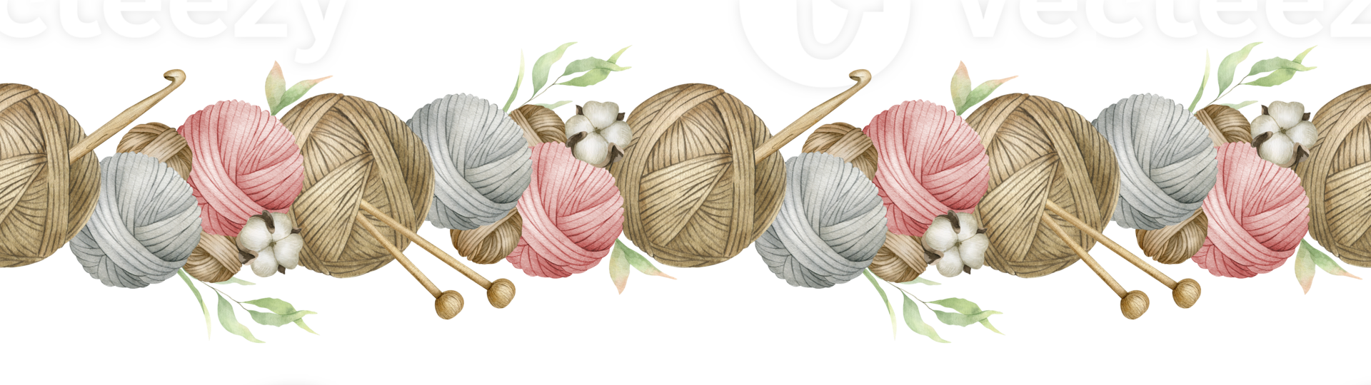 Yarn balls, balls of wool, skeins of yarn, wooden knitting needles, hook and cotton flower and leaves. Watercolor seamless border. For product packaging design, knitter blog,needlework store png