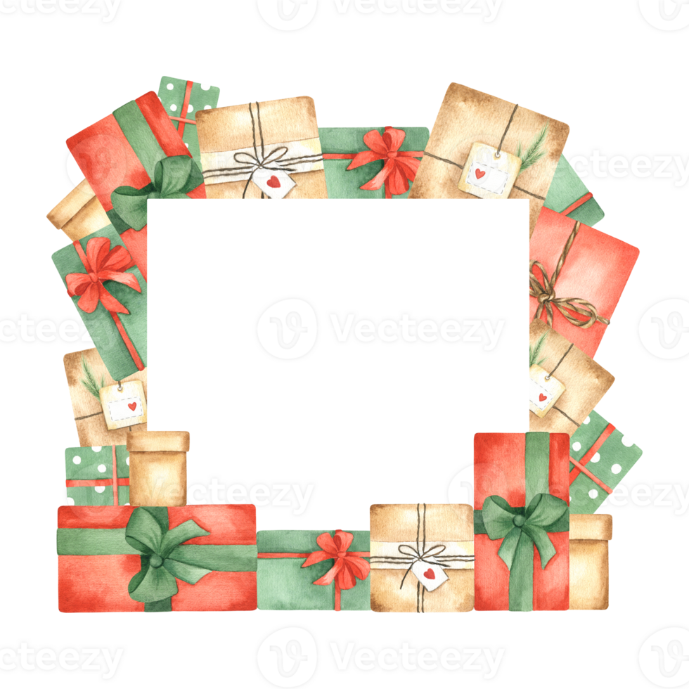 Colorful gift boxes. A frame with space for text. A wreath of gifts. Watercolor illustration. Isolated. For postcards, invitations to the holiday. png
