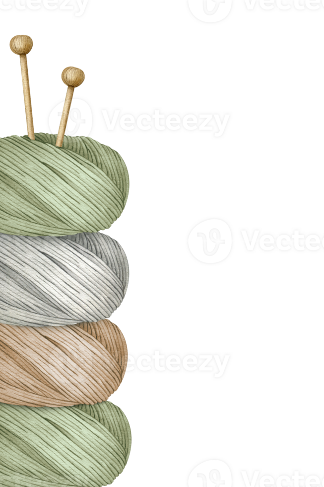 Yarn balls and knitting needles. Wooden knitting needles, balls of wool, skeins of yarn.Watercolor frame. Place for text.Isolated.For product packaging design, knitter blog,needlework store png