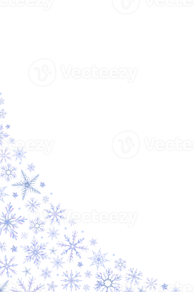 sneeuwvlokken. waterverf kader. decoratief winter achtergrond met hand- getrokken sneeuwvlokken, sneeuw, sterren. sneeuwvlok kader. geïsoleerd. voor ansichtkaarten, uitnodigingen, kaarten png