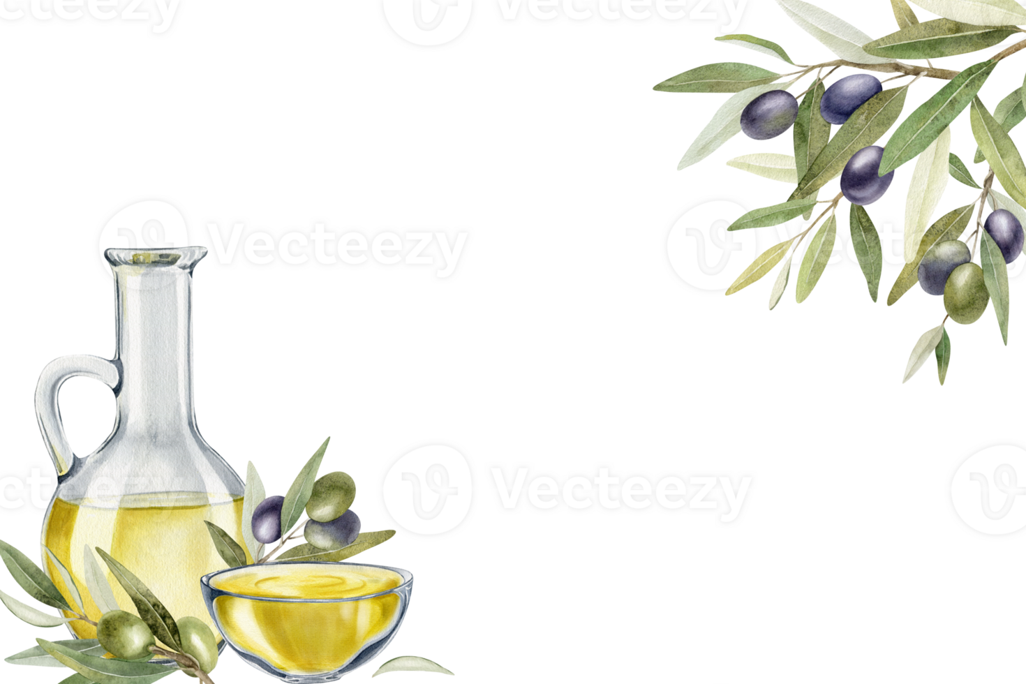 Bottle of olive oil, olive branches, leaves and fruits. Frame of branches olive tree. Watercolor hand drawn illustration. For menu, packaging design, wedding invitation, save the date or greeting card png