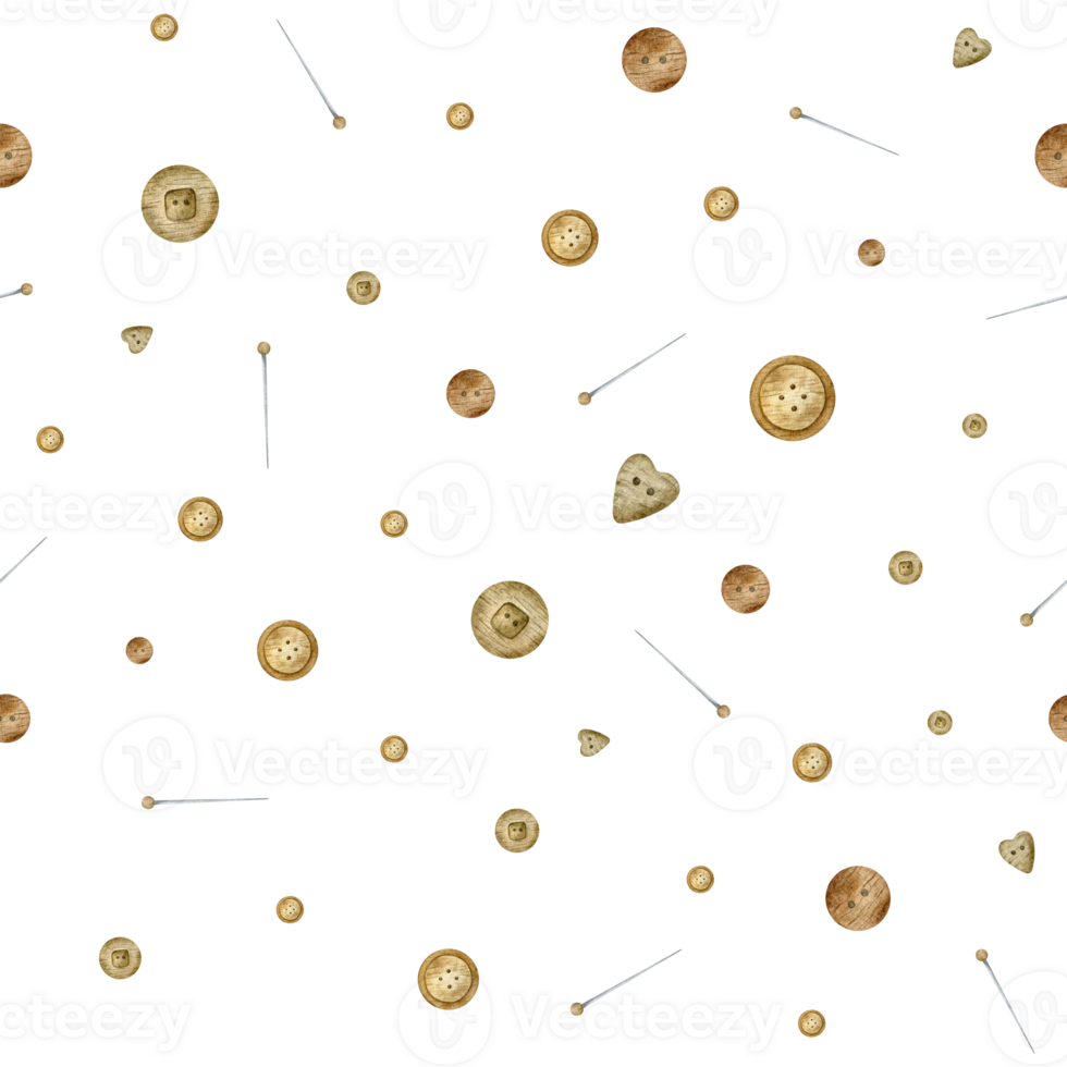 Different wooden buttons,needles and pins. Seamless pattern with buttons. Watercolor hand drawn illustration. For product packaging design, dressmaker blog,needlework store png