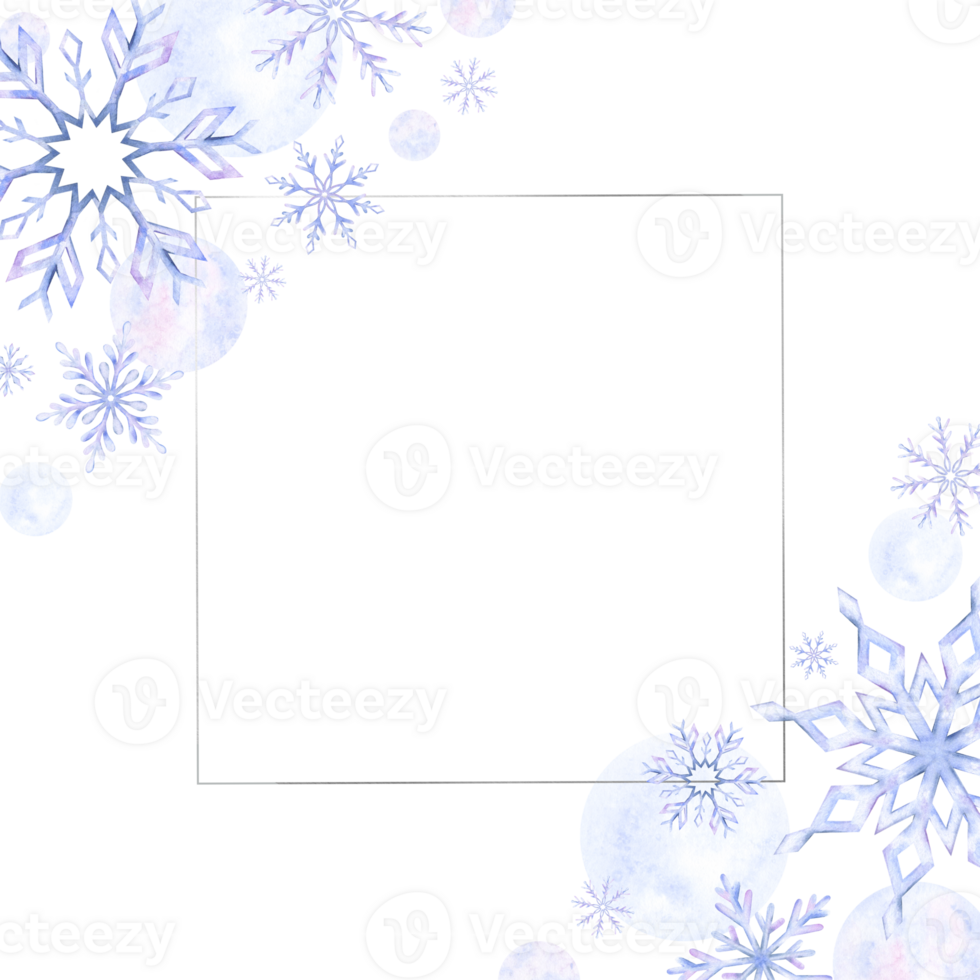 Snowflakes. Watercolor frame. Decorative winter background with hand drawn snowflakes, snow, stars. Snowflake framework. Isolated. For postcards, invitations, cards png