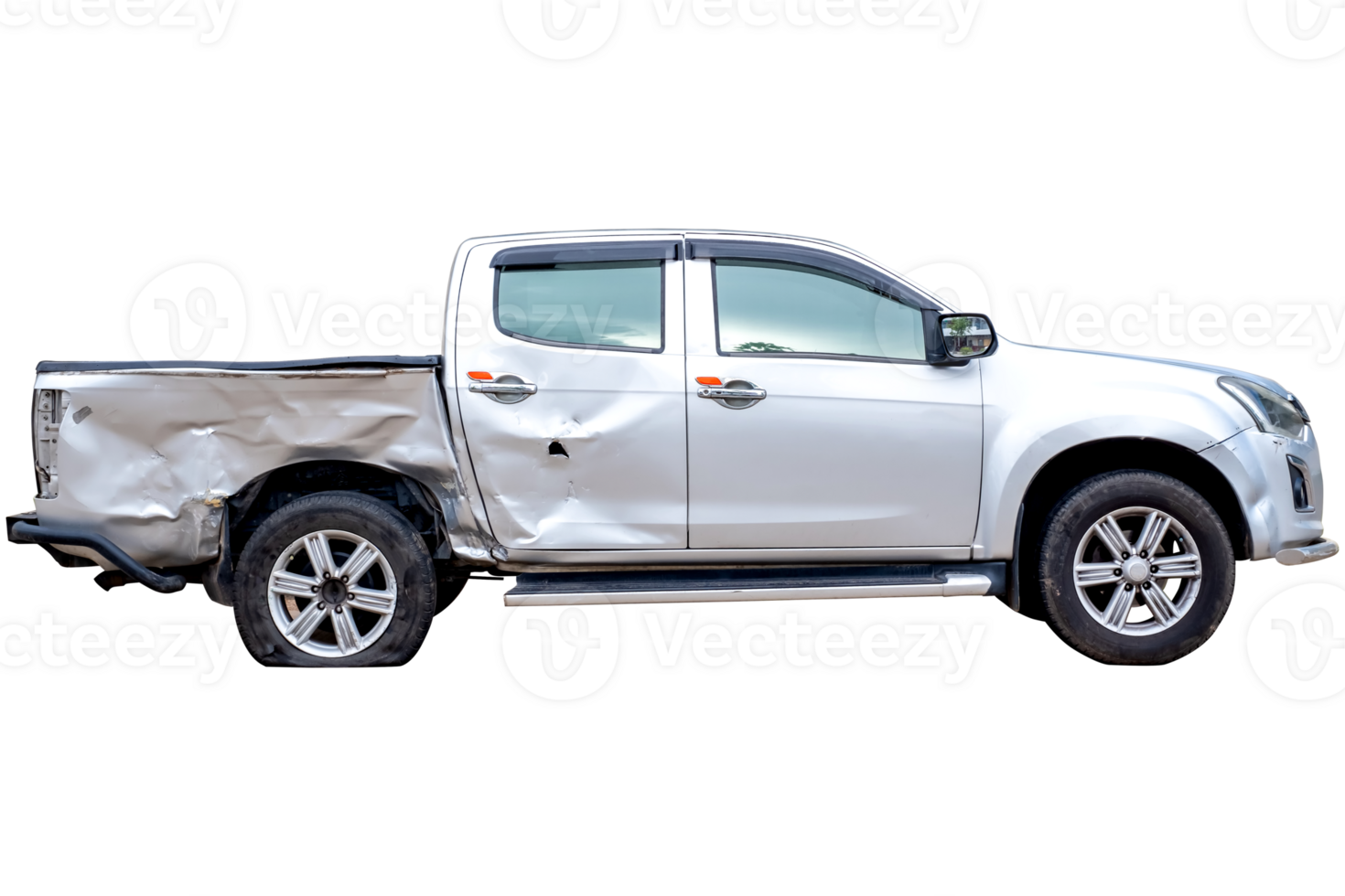 Side view of gray or bronze pickup car get damaged by accident on the road. damaged cars after collision. isolated on transparent background, PNG File format,ar crash destroy