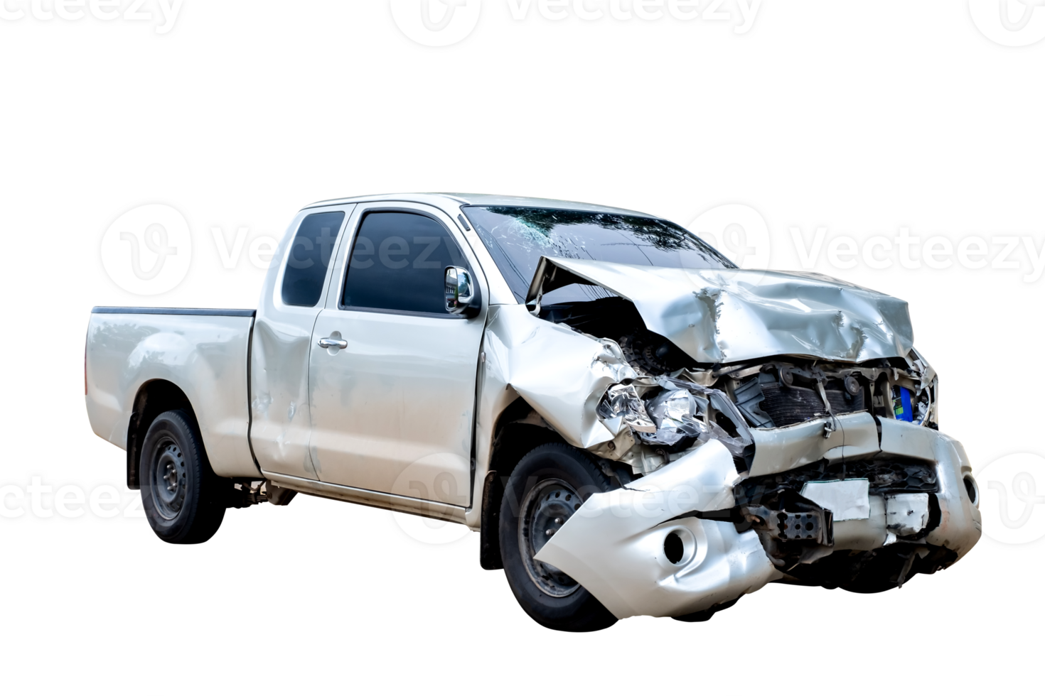 Front of gray or bronze pickup car get damaged by accident on the road. damaged cars after collision. isolated on transparent background, PNG file