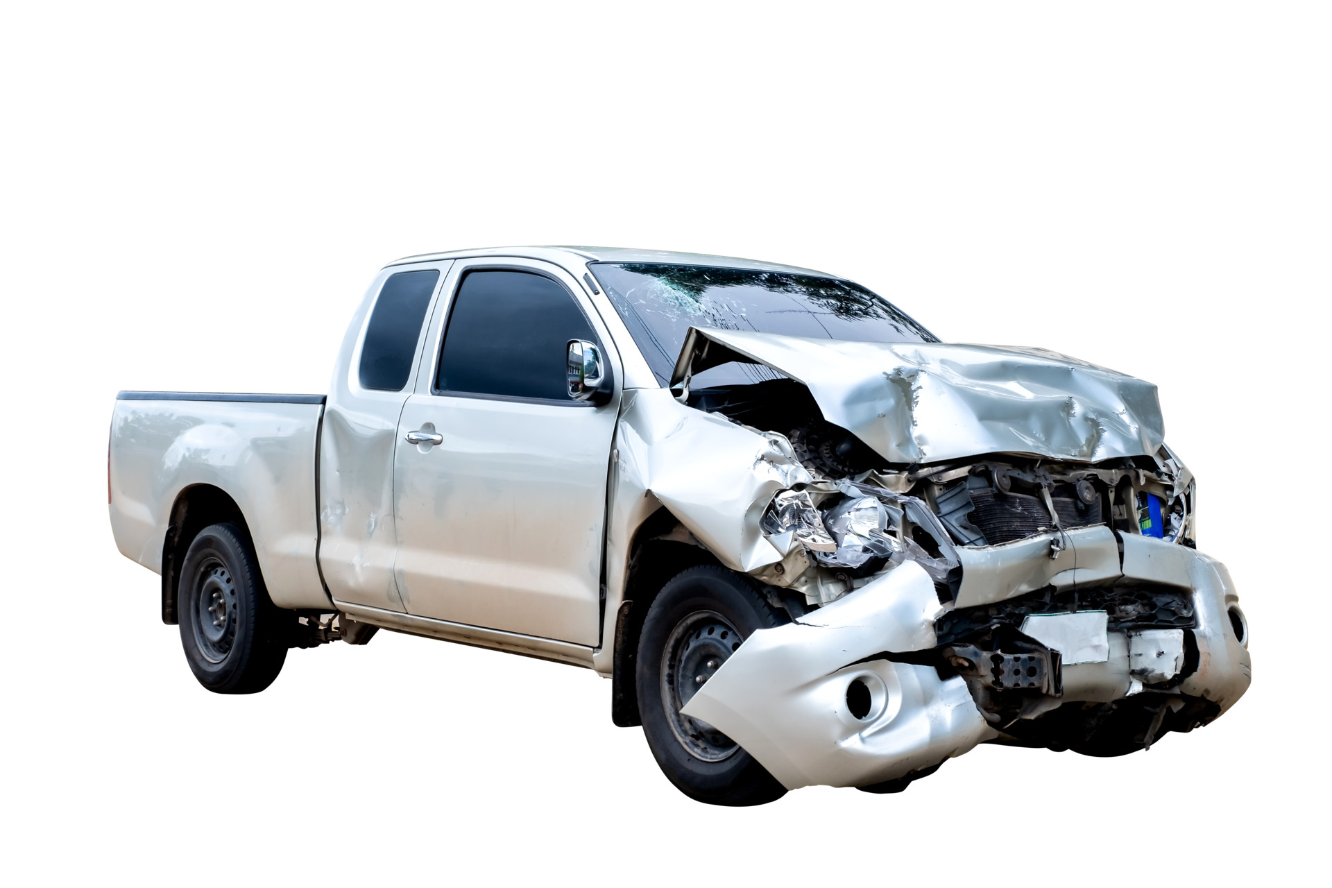 Front of gray or bronze pickup car get damaged by accident on the road