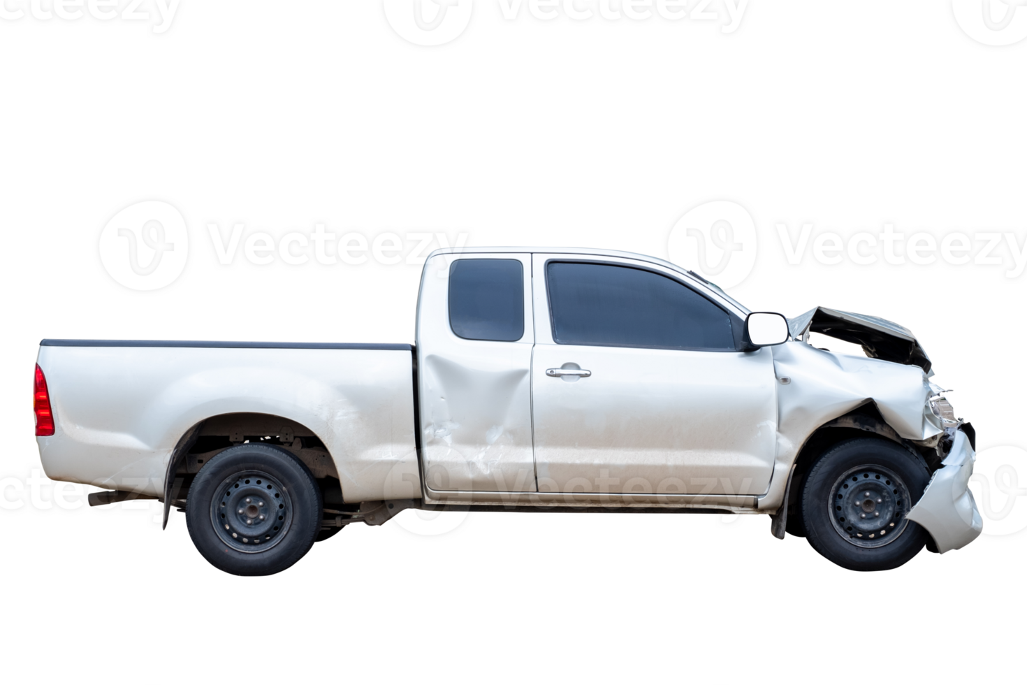 Front of gray or bronze pickup car get damaged by accident on the road. damaged cars after collision. isolated on transparent background, PNG file format