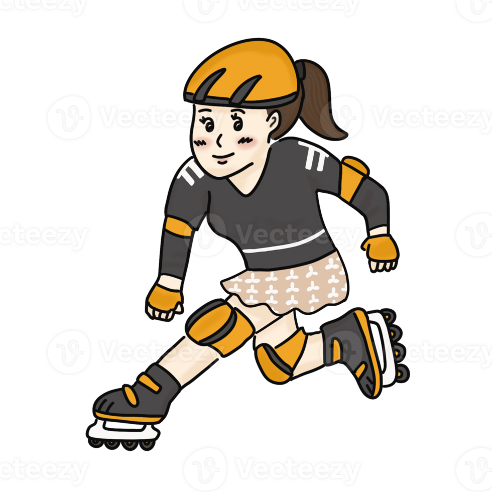 A young girl on roller skate with protective pad set. png