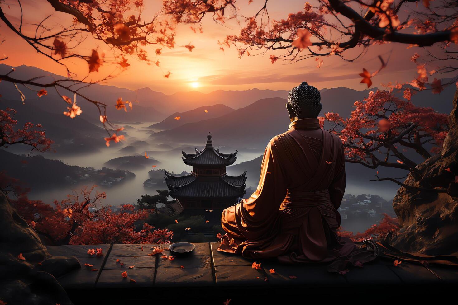 A buddha sits in the mountain with a lotus and candles. Background for vesak celebration. Vesak day concept. Vesak celebration day greetings concept by photo