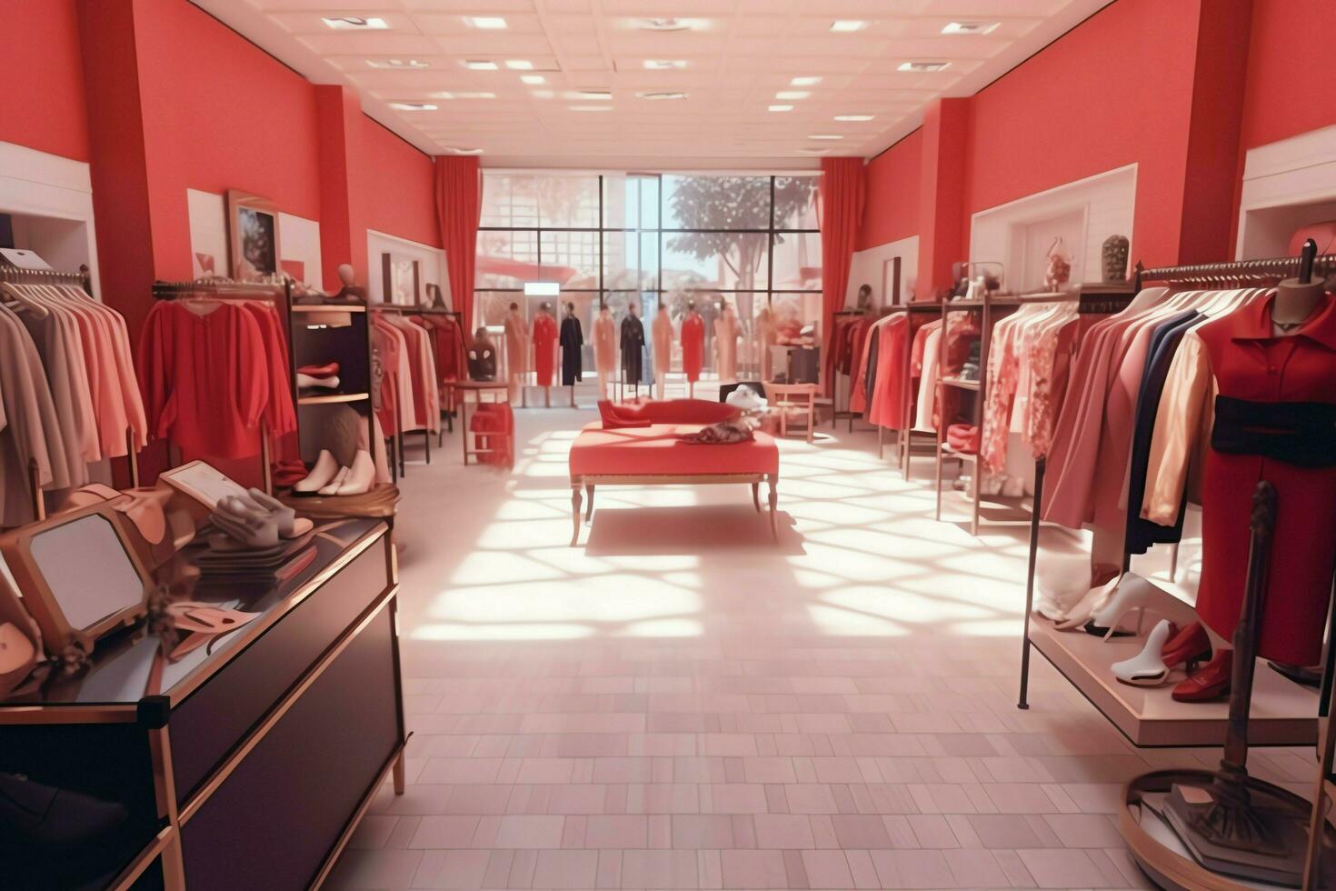 Women's fashion store in the shopping center or mall. Clothes store with mannequin. Shopping day concept by AI Generated photo