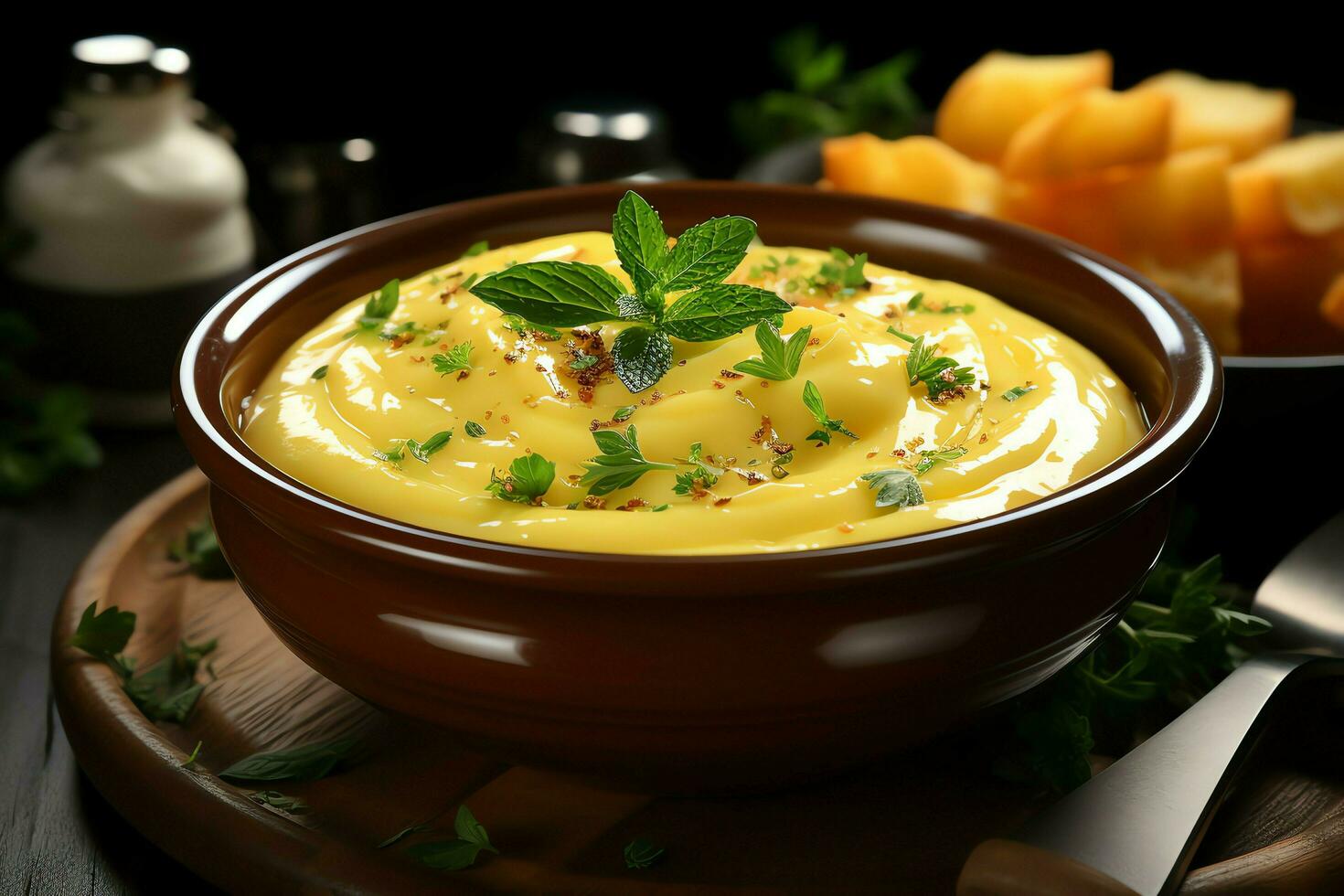 A delicious corn soup food with vegetables in a bowl. Winter food and high protein soup meal concept by AI Generated photo