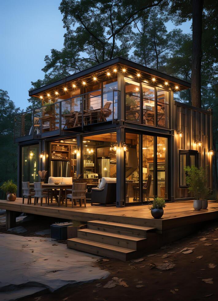 A container home building on a plot of land. 2 storey modern container house, cafe or restaurant concept by photo