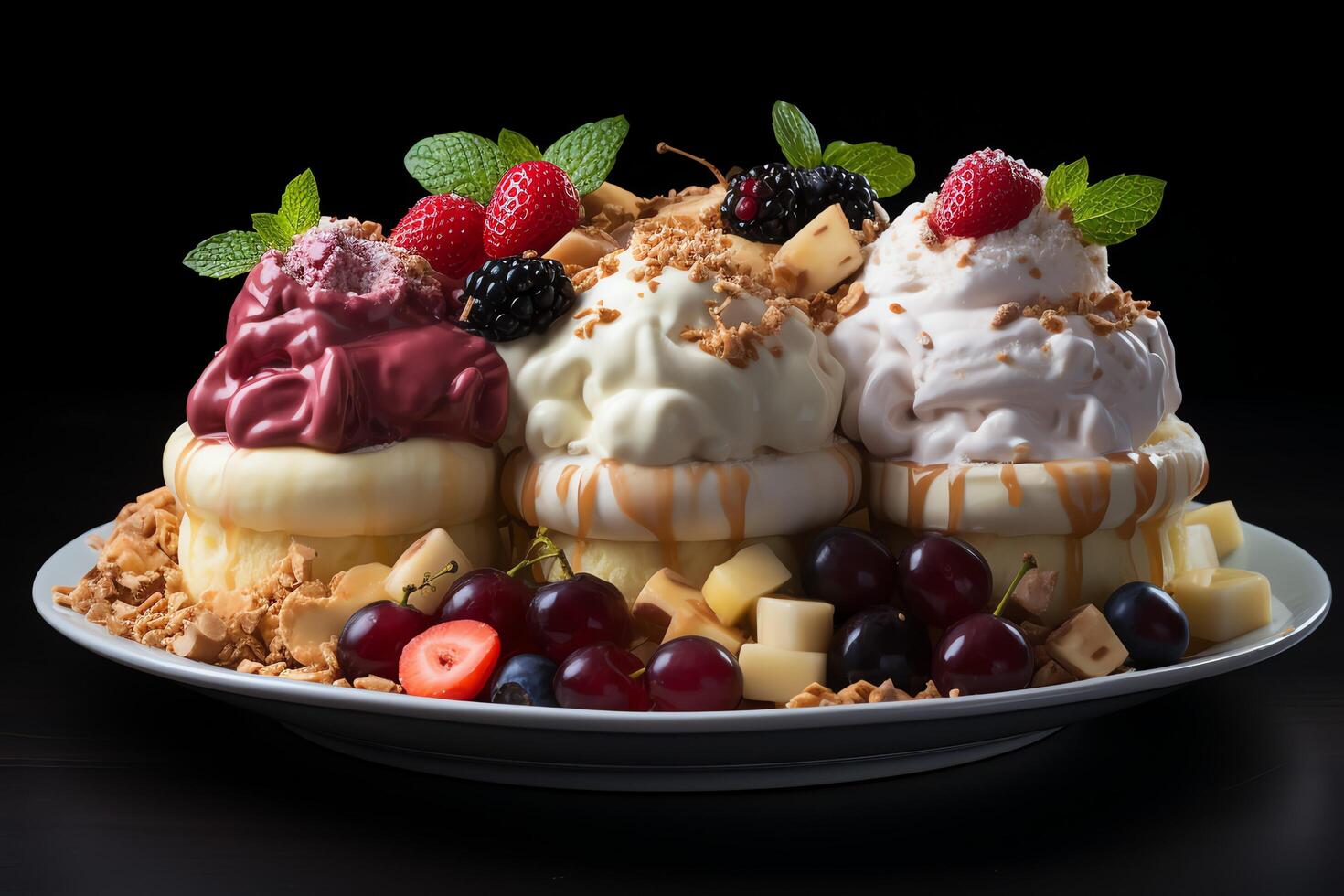 A delicious Banana split ice cream dessert with chocolate syrup. Banana split ice cream dessert by photo