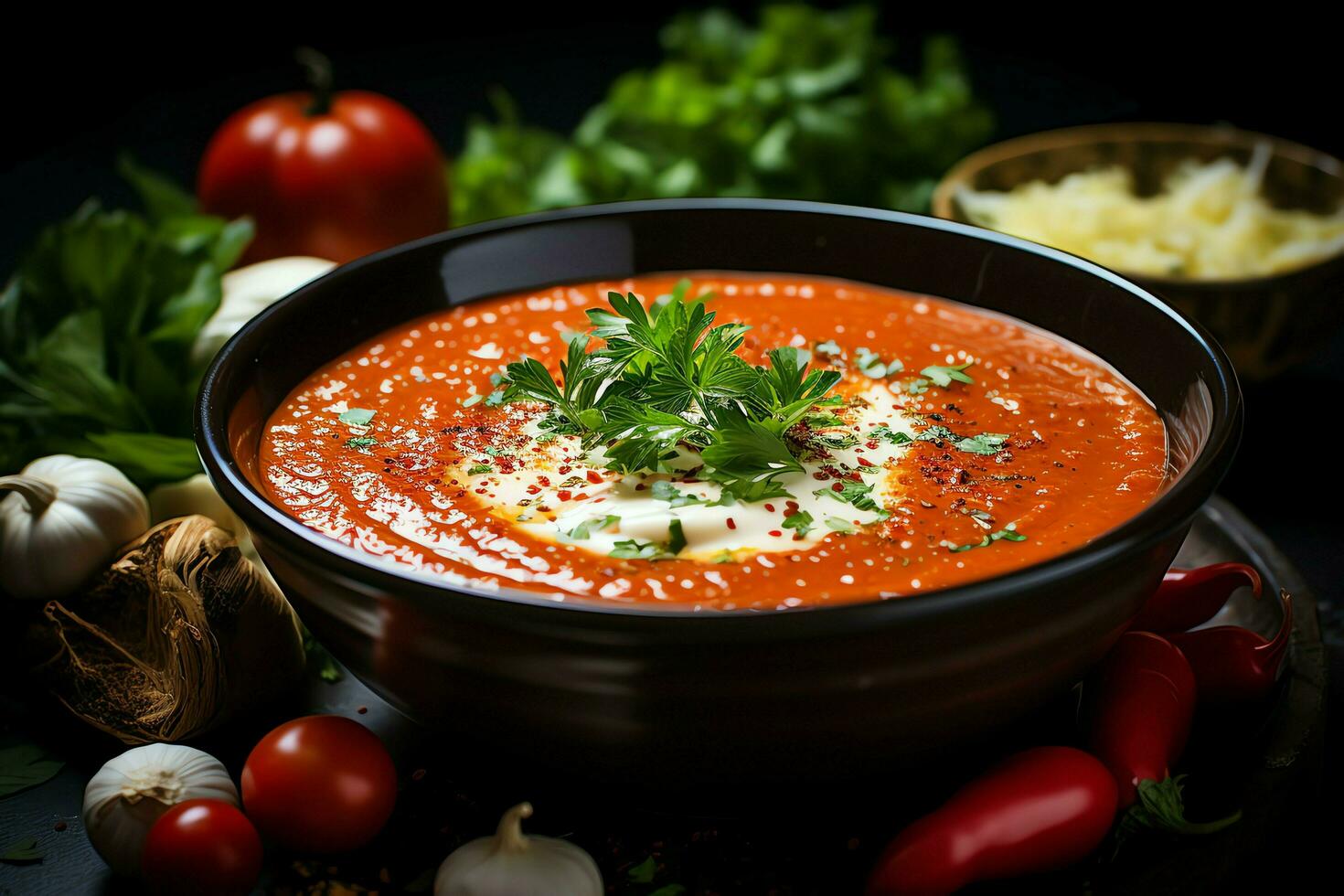 A delicious tomato soup food in a bowl. Winter food and healthy protein soup meal concept by AI Generated photo