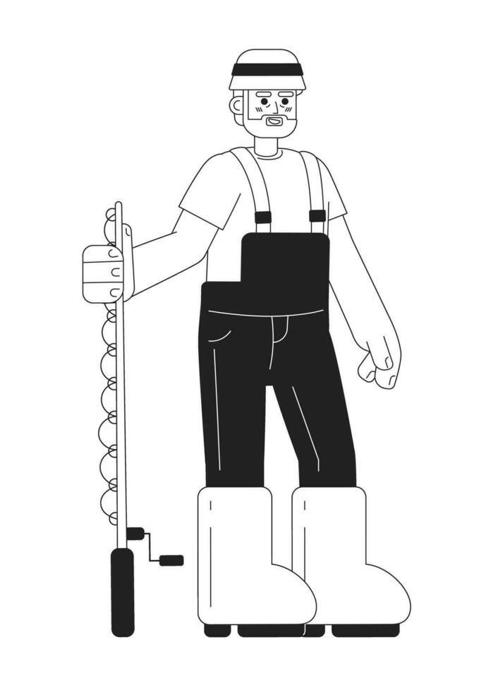 Senior fisher holding fishing rod monochrome concept vector spot illustration. Hobby activity 2D flat bw cartoon character on white for web UI design. Isolated editable hand drawn hero image