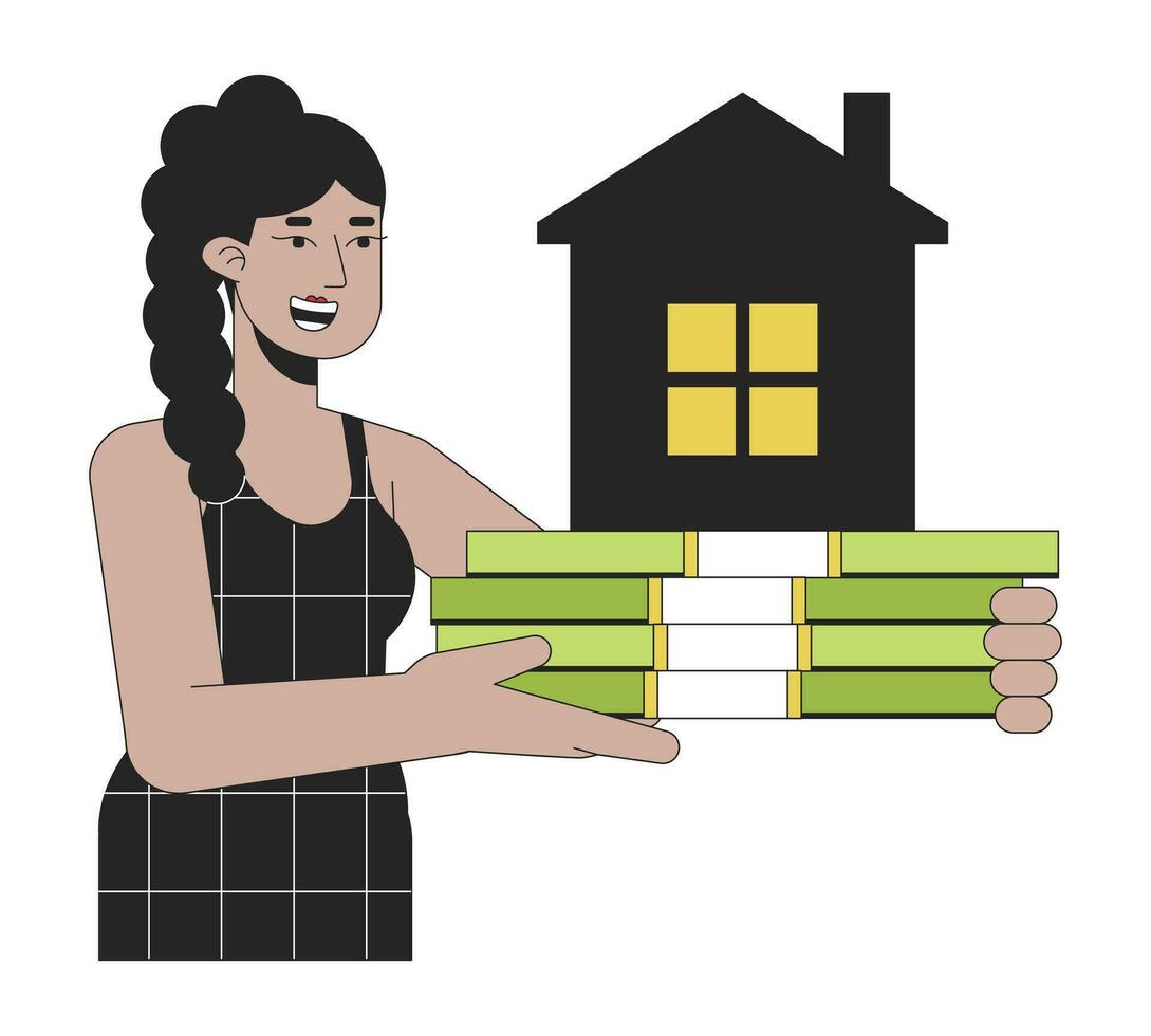 Mortgage for real estate flat line concept vector spot illustration. Woman holding cash for buying house 2D cartoon outline character on white for web UI design. Editable isolated color hero image