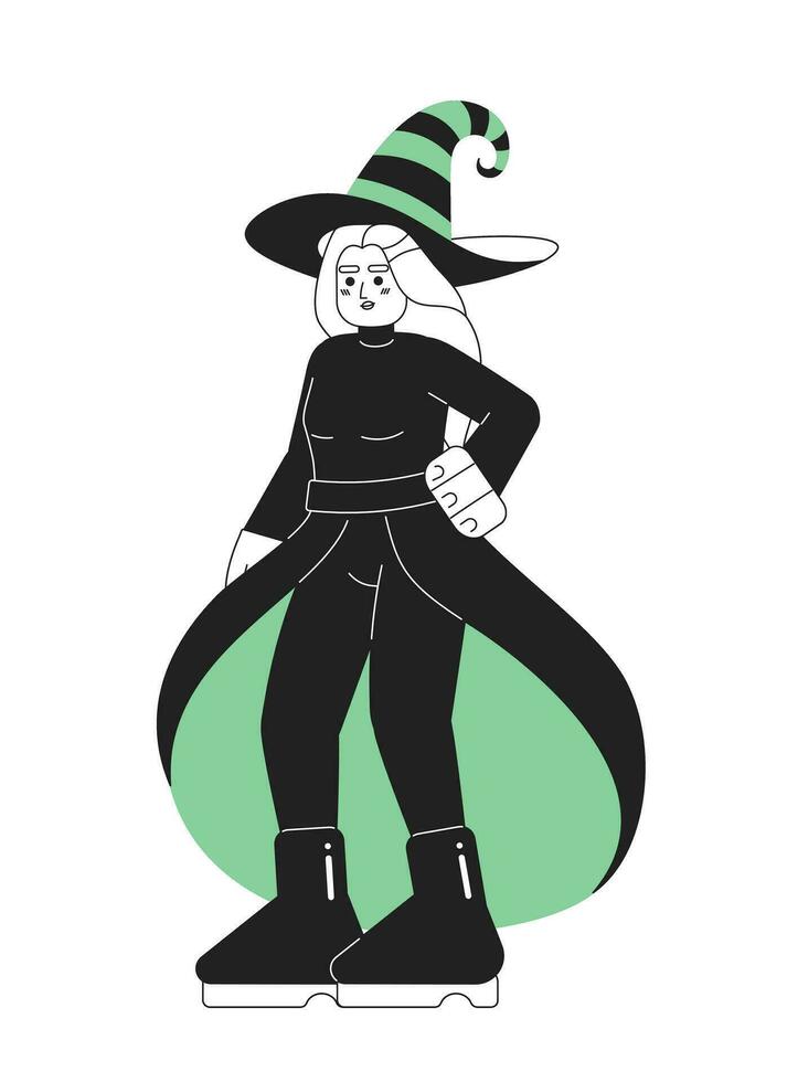 Halloween wicked witch monochromatic flat vector character. Woman halloween costume. Spooky fairytale. Editable thin line full body person on white. Simple bw cartoon spot image for web graphic design
