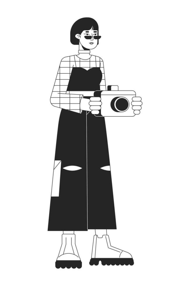 joven asiático fotógrafo plano línea negro blanco vector personaje. editable contorno lleno cuerpo niña en de moda atuendo participación cámara. sencillo dibujos animados aislado Mancha ilustración para web gráfico diseño