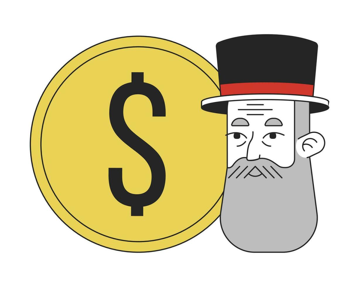 Capitalism money flat line concept vector spot illustration. Rich man 2D cartoon outline character on white for web UI design. Editable isolated color hero image